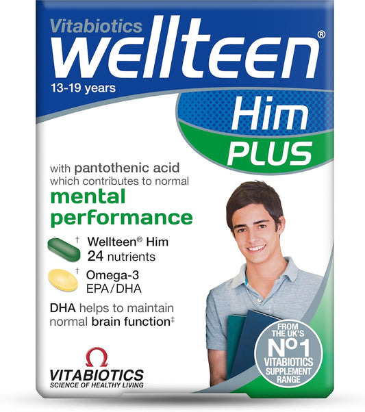 Vitabiotics Wellteen Him Plus Omega-3 - Maximum Nutritional Support for Teenagers and Young Men Ages 13-19 - 56 Tablets and Capsules