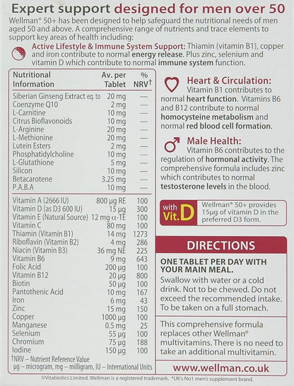 UK's Wellman 50+ Tablets | 30 Nutrients - Contributes to Reduce Tiredness & Fatigue (Pack of 1)